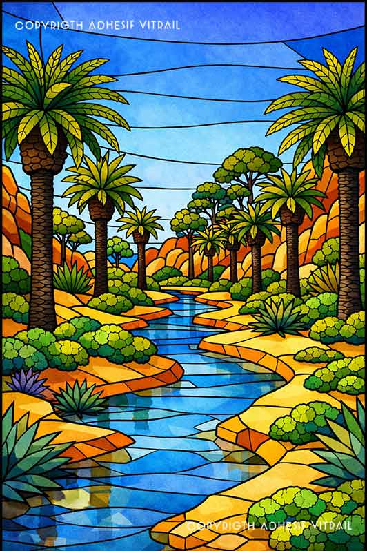 Film adhésif décoratif autocollant d’inspiration vitrail représentant une oasis tropicale avec palmiers, rivière et végétation luxuriante.