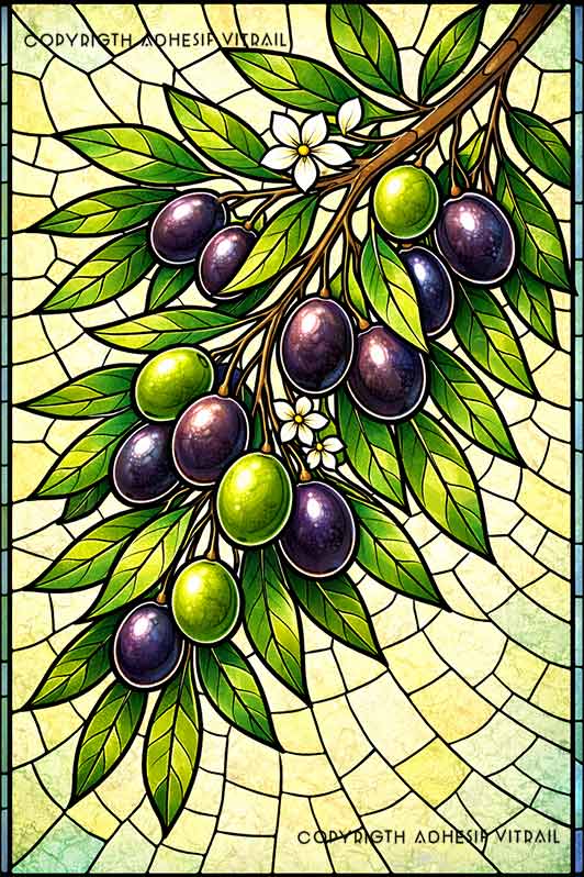 Film adhésif décoratif autocollant d’inspiration vitrail représentant une branche d’olivier avec olives vertes et noires et feuillage décoratif.