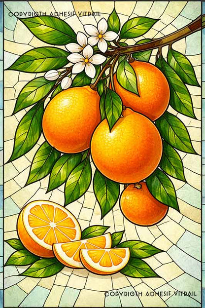 Film adhésif décoratif autocollant d’inspiration vitrail représentant une branche d’oranger avec oranges mûres, fleurs blanches et feuilles vertes.