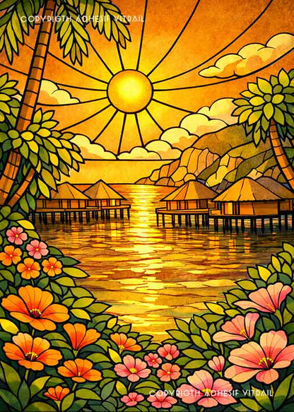 Adhésif vitrail décoratif représentant des paillotes sur pilotis au-dessus d’un lagon tropical, ambiance dorée chaleureuse et exotique.