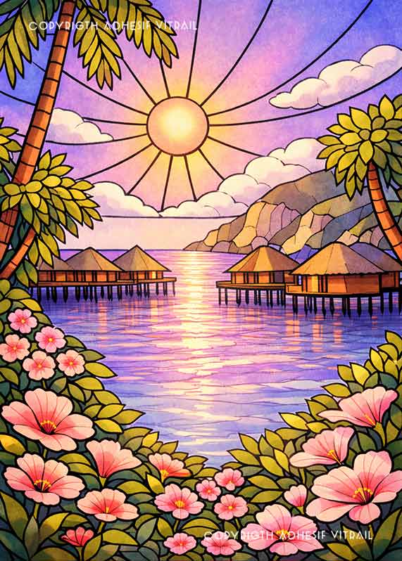 Adhésif vitrail décoratif représentant des paillotes sur pilotis au տոկոս d’un lagon tropical, ambiance lune violette et apaisante.