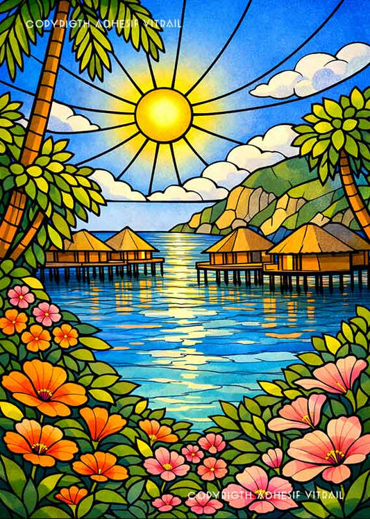 Adhésif vitrail décoratif représentant des paillotes sur pilotis au-dessus d’un lagon tropical, ambiance soleil et voyage exotique.
