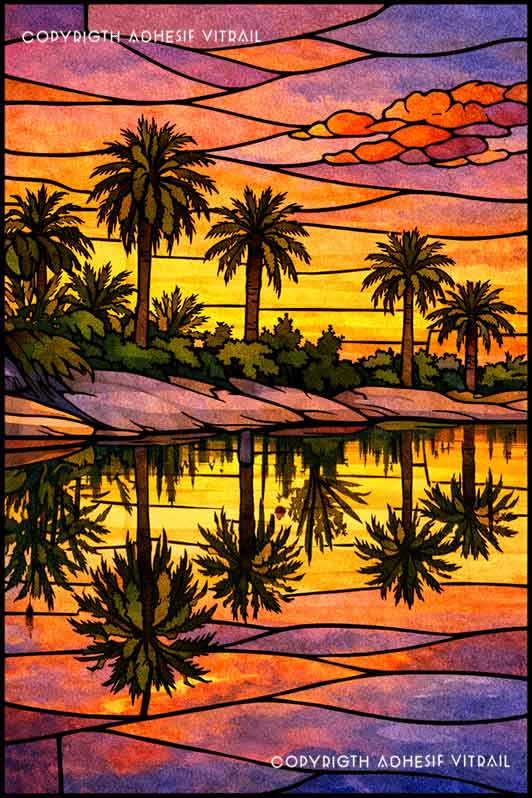 Film adhésif décoratif autocollant d’inspiration vitrail représentant des palmiers au coucher du soleil avec reflets dans une eau calme.
