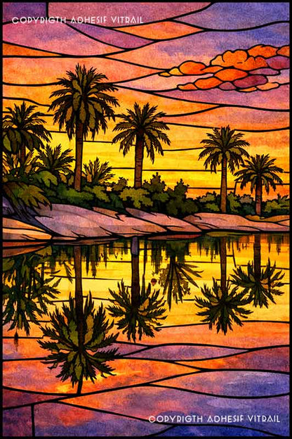 Film adhésif décoratif autocollant d’inspiration vitrail représentant des palmiers au coucher du soleil avec reflets dans une eau calme.
