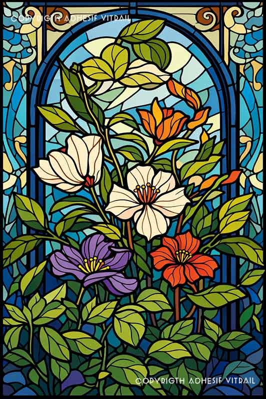 Film adhésif décoratif autocollant d’inspiration vitrail représentant un panneau floral sous arche décorative avec fleurs blanches, orange et violette, feuillage dense et fond bleu lumineux.