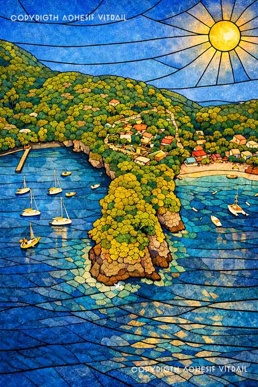 Adhésif vitrail Caraïbes représentant une baie tropicale ensoleillée avec falaises, voiliers et mer bleue