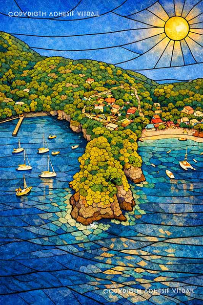 Adhésif vitrail Caraïbes représentant une baie tropicale ensoleillée avec falaises, voiliers et mer bleue