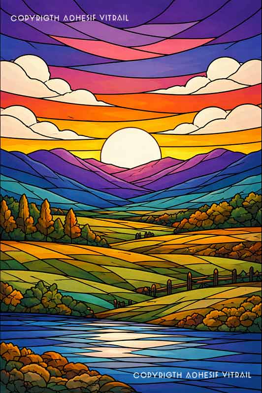 Film adhésif décoratif autocollant d’inspiration vitrail paysage abstrait avec soleil éclatant sur lac doré, montagnes bleutées et ciel coloré artistique.