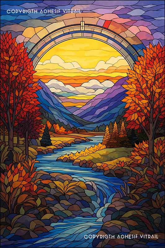 Film adhésif décoratif autocollant d’inspiration vitrail paysage d’automne avec rivière sinueuse, montagnes colorées et arche lumineuse au coucher de soleil.