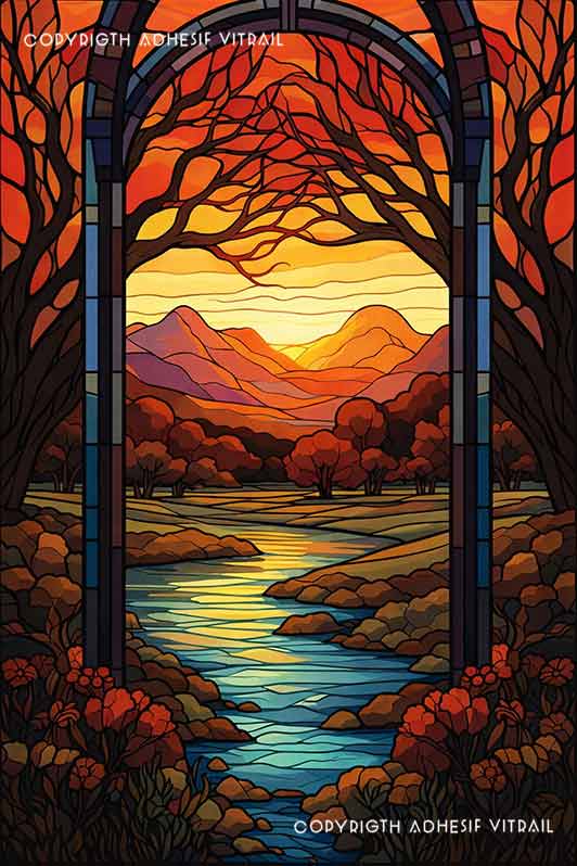 Film adhésif décoratif autocollant d’inspiration vitrail paysage automne avec rivière sinueuse, montagnes et coucher de soleil encadré par une arche.