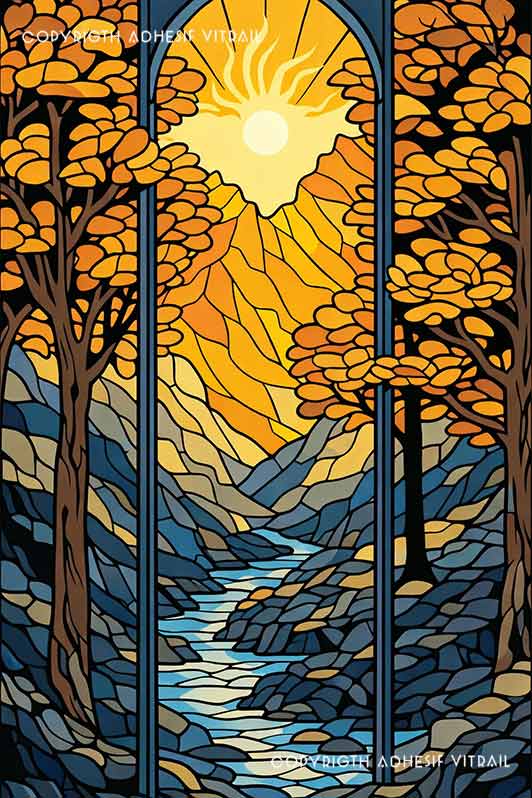 Film adhésif décoratif autocollant d’inspiration vitrail paysage d’automne avec rivière sinueuse, montagnes bleutées et soleil doré entre les arbres.