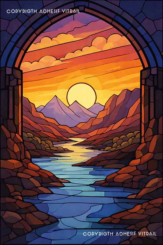 Film adhésif décoratif autocollant d’inspiration vitrail paysage canyon montagne au coucher de soleil avec lac turquoise et arche décorative.