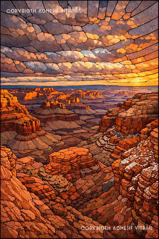 Film adhésif décoratif autocollant d’inspiration vitrail représentant un canyon aux roches orangées et reliefs spectaculaires sous un ciel lumineux.