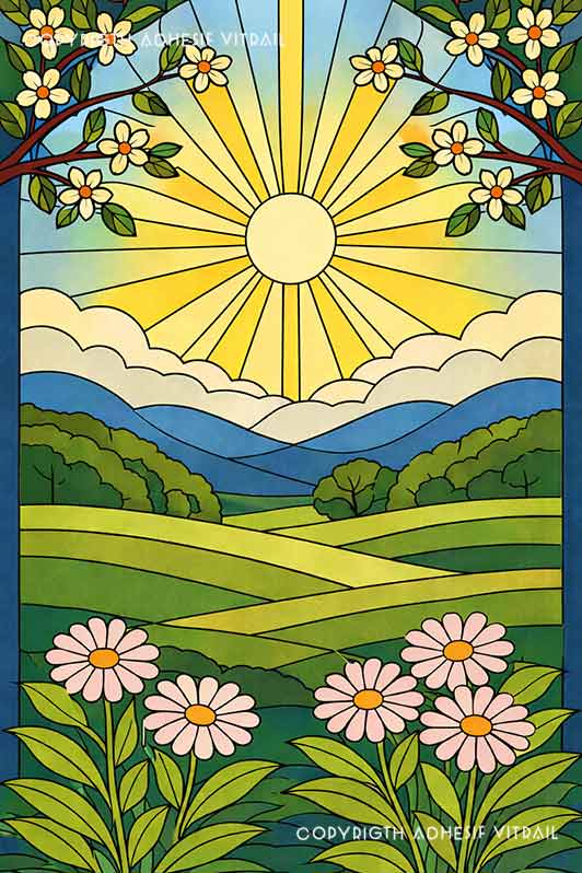 Film adhésif décoratif autocollant d’inspiration vitrail paysage champêtre avec soleil rayonnant et marguerites au premier plan.