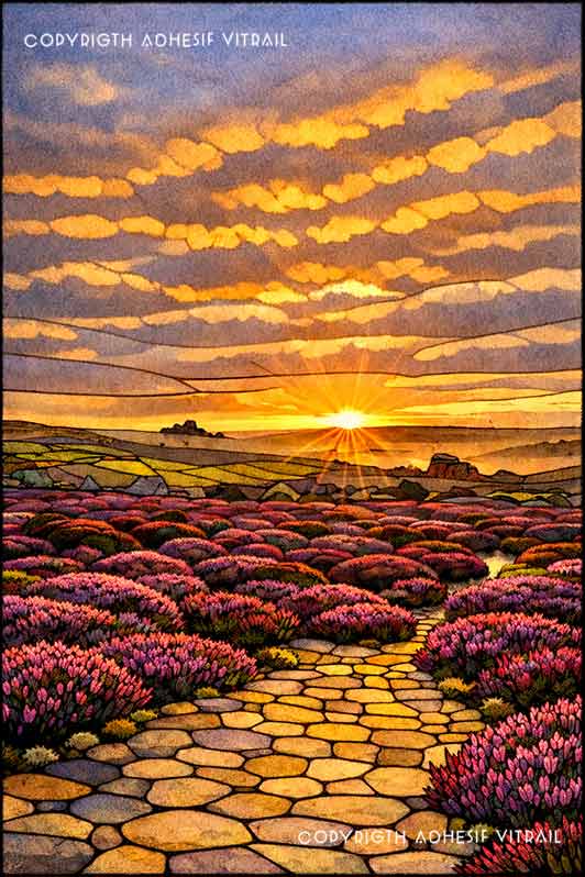 Film adhésif décoratif autocollant d’inspiration vitrail représentant un chemin bordé de fleurs et de lavande menant vers un coucher de soleil lumineux.