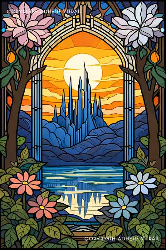 Film adhésif décoratif autocollant d’inspiration vitrail paysage cité bleue au coucher de soleil avec arche florale.