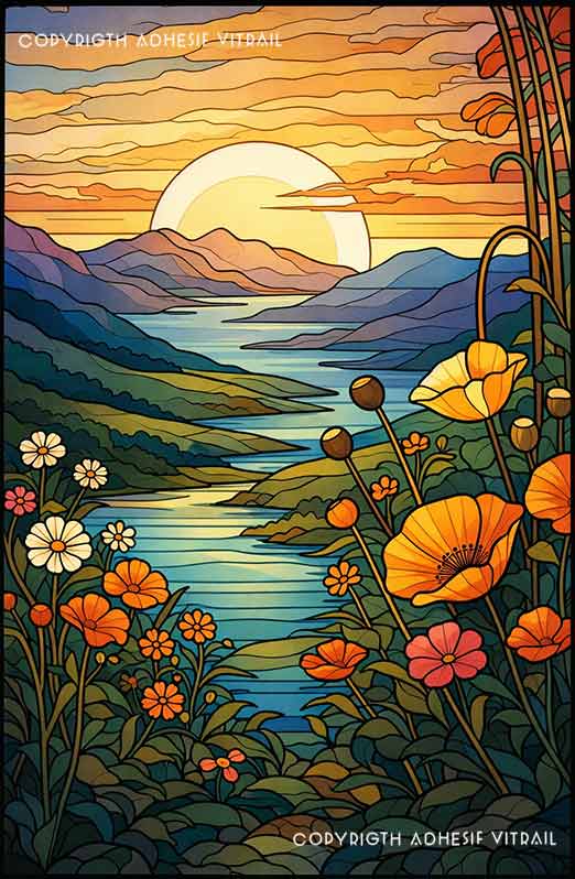Film adhésif décoratif autocollant d’inspiration vitrail paysage fleuri avec coquelicots, lac et montagnes sous un coucher de soleil lumineux.