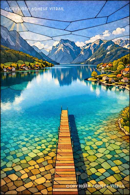 Film adhésif décoratif autocollant d’inspiration vitrail montrant un ponton en bois sur un lac turquoise entouré de montagnes.