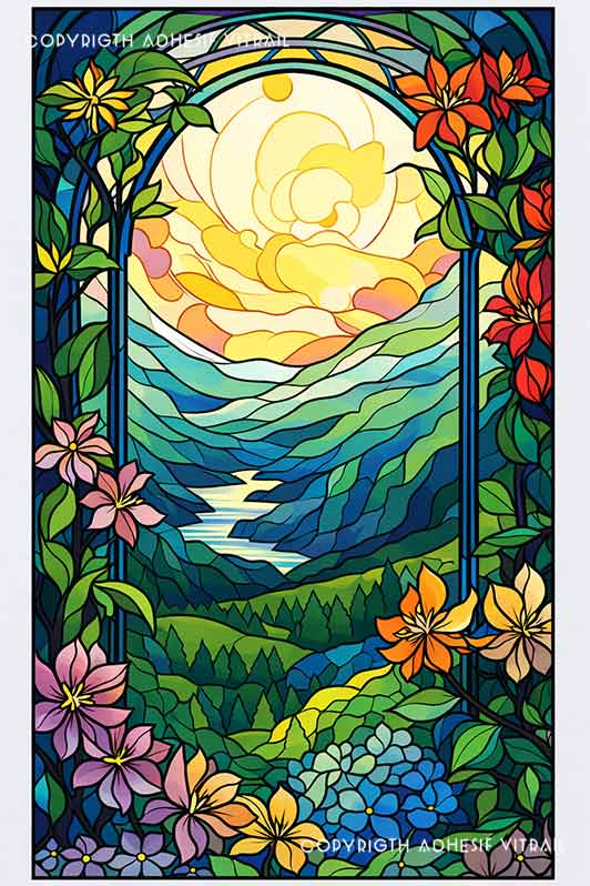 Film adhésif décoratif autocollant d’inspiration vitrail paysage montagne et coucher de soleil encadré de fleurs pour fenêtre.