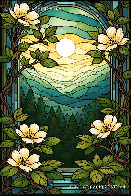 Film adhésif décoratif autocollant d’inspiration vitrail paysage montagne et forêt encadré de fleurs blanches.