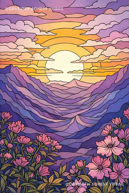 Film adhésif décoratif autocollant d’inspiration vitrail paysage montagne violet avec fleurs au premier plan et coucher de soleil lumineux sur vallées.