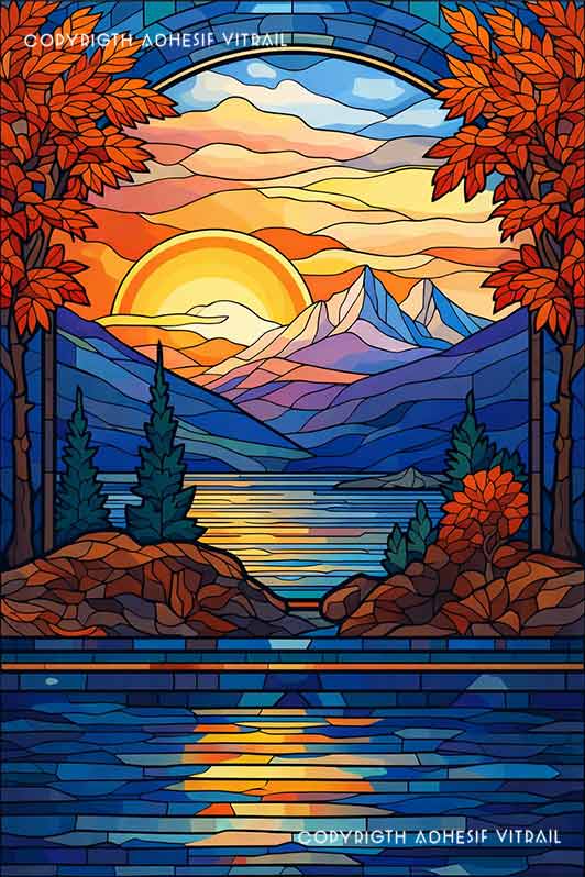 Film adhésif décoratif autocollant d’inspiration vitrail paysage montagne avec coucher de soleil doré se reflétant dans un lac entouré d’arbres d’automne.