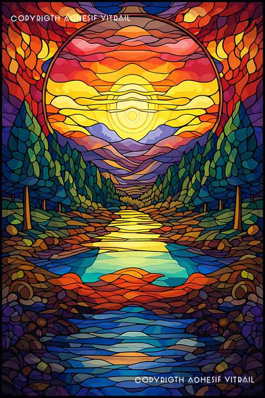 Film adhésif décoratif autocollant d’inspiration vitrail paysage montagneux avec rivière centrale, forêt dense et soleil flamboyant au coucher du soleil.
