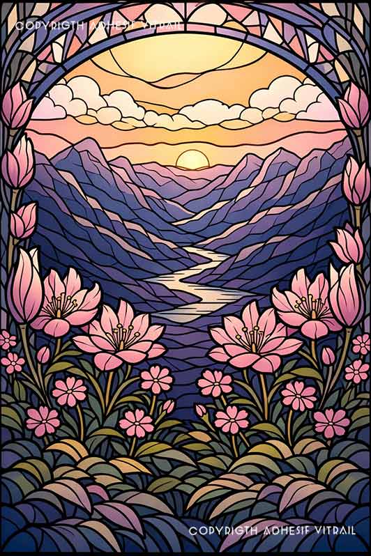 Film adhésif décoratif autocollant d’inspiration vitrail représentant un paysage de montagnes traversé par une rivière au coucher du soleil, encadré de fleurs roses et de feuillages sous une arche décorative