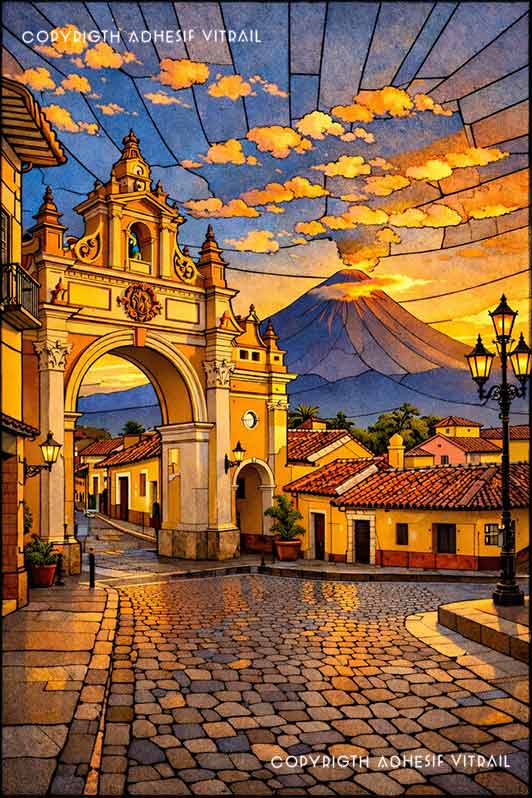 Film adhésif décoratif autocollant d’inspiration vitrail montrant une porte monumentale coloniale et un volcan au coucher du soleil.