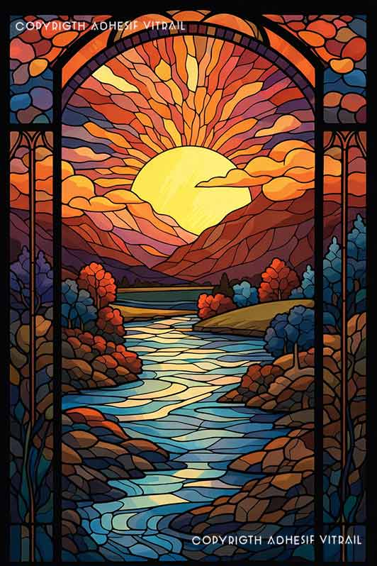 Film adhésif décoratif autocollant d’inspiration vitrail paysage avec rivière sinueuse, montagnes et coucher de soleil aux rayons lumineux automnaux.
