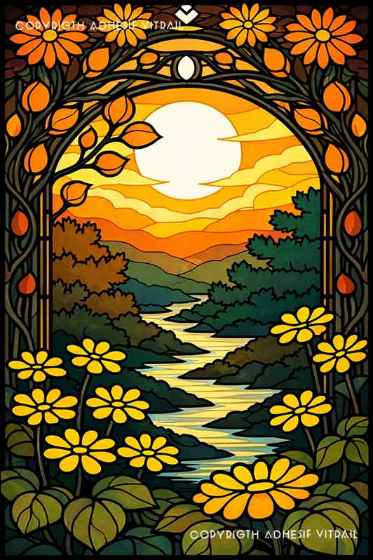Film adhésif décoratif autocollant d’inspiration vitrail paysage rivière au coucher de soleil avec fleurs jaunes