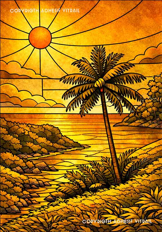 Paysage tropical en vitrail avec palmiers et chemin lumineux sous un ciel doré