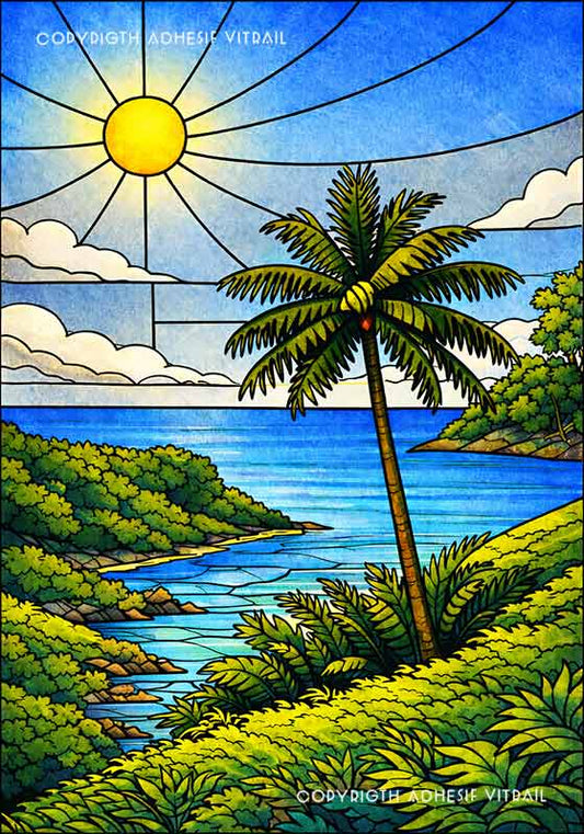 Paysage tropical lumineux en vitrail avec palmiers et horizon ensoleillé