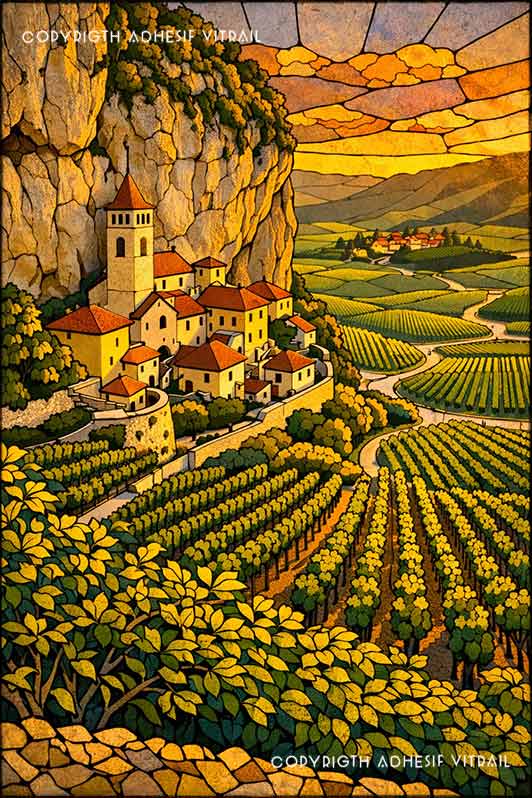 Film adhésif décoratif autocollant d’inspiration vitrail avec un village accroché à la falaise et des vignes à perte de vue.
