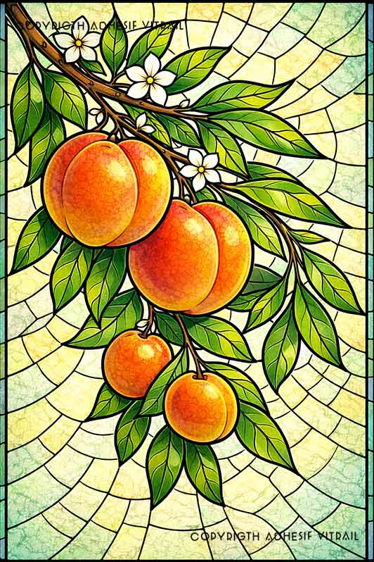 Film adhésif décoratif autocollant d’inspiration vitrail représentant des fruits d’été sur branche, pêches et abricots avec feuillage et fleurs.