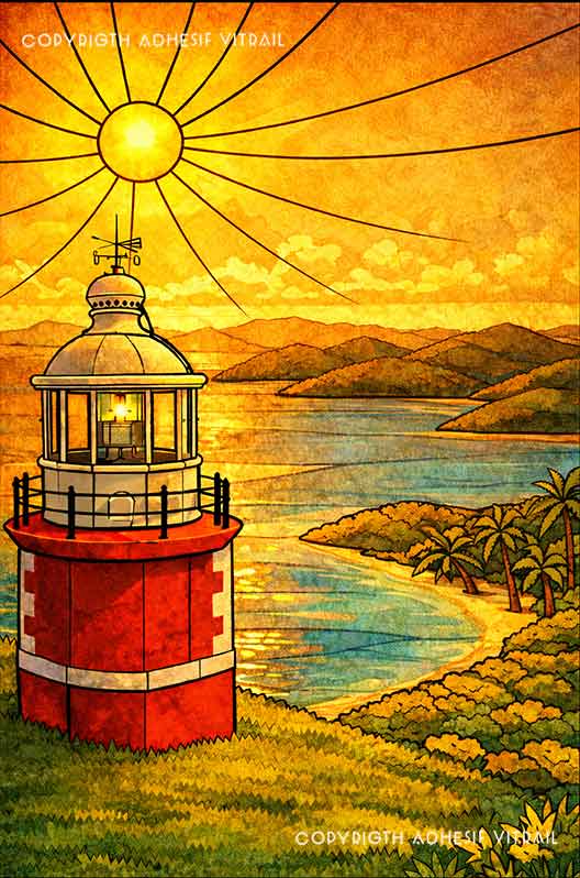 Film vitrail décoratif avec phare en bord de mer, reflets dorés coucher de soleil