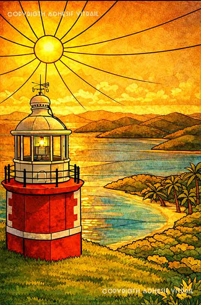Film vitrail décoratif avec phare en bord de mer, reflets dorés coucher de soleil
