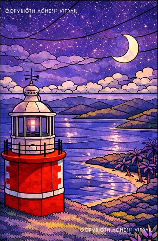 Vitrail autocollant phare et côte antillaise, ambiance nuit violette et lune
