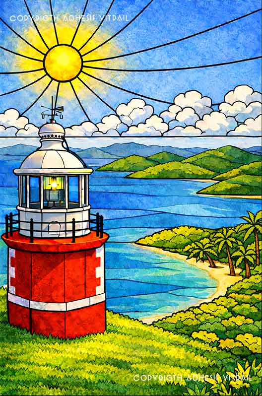 Adhésif vitrail phare rouge sur baie tropicale, ciel bleu et lumière Caraïbes