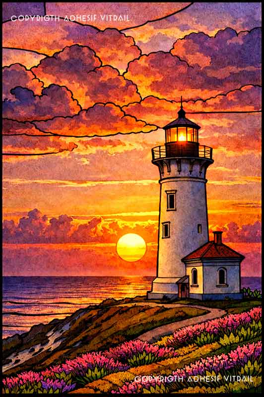 Film adhésif décoratif autocollant d’inspiration vitrail représentant un phare sur une falaise au crépuscule, bordé d’un sentier et de fleurs sauvages face à l’océan.