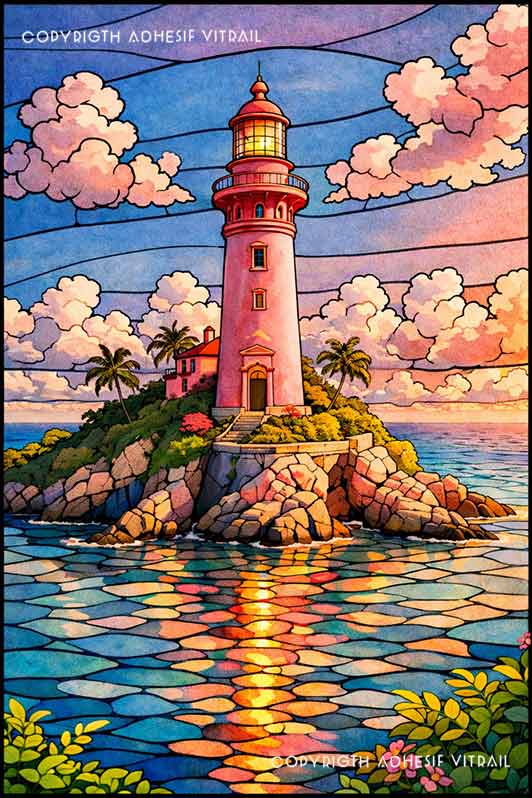 Film adhésif décoratif autocollant d’inspiration vitrail représentant un phare posé sur un petit îlot fleuri au coucher du soleil, avec mer calme et reflets colorés.