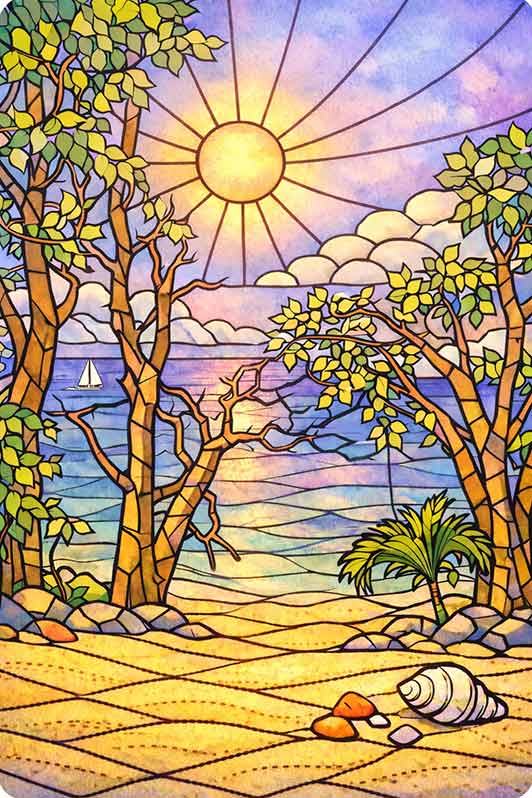 Adhésif vitrail décoratif représentant une plage sauvage avec mancenillier paysage tropical en ambiance lune violette.