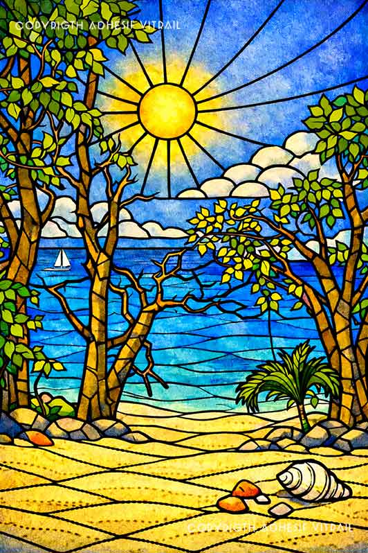 Adhésif vitrail décoratif représentant une plage sauvage avec mancenillier paysage tropical en ambiance soleil.