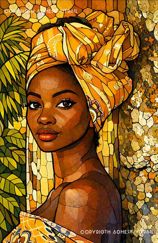 Portrait féminin artistique en vitrail dans une ambiance tropicale dorée et lumineuse