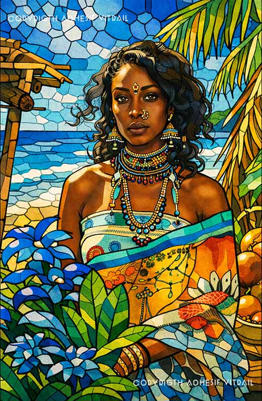 Portrait féminin artistique en vitrail dans un décor tropical aux tons bleus