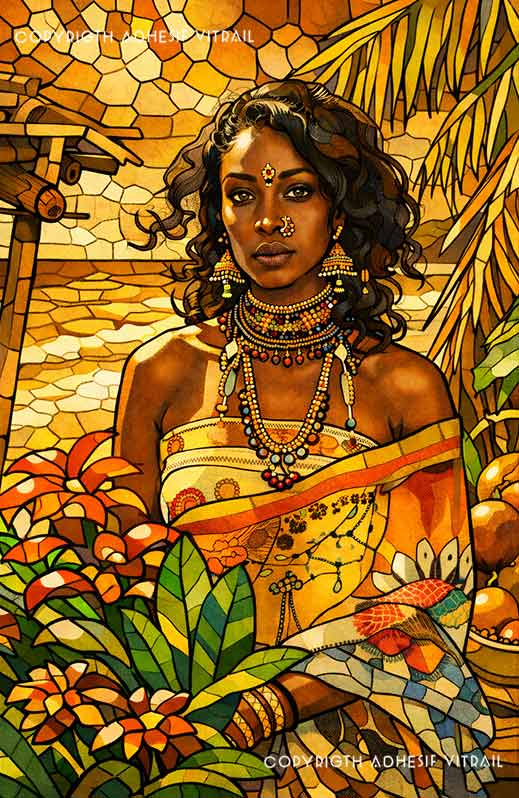 Portrait féminin artistique en vitrail dans une ambiance tropicale dorée