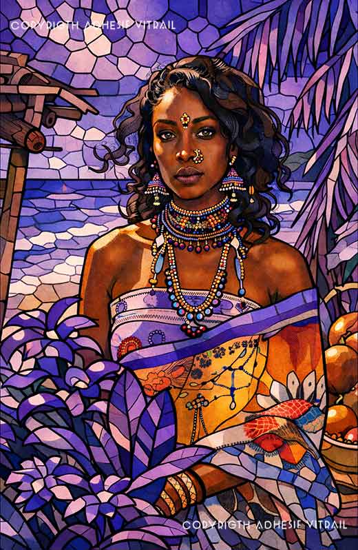 Portrait féminin artistique en vitrail dans un décor tropical aux tons violets