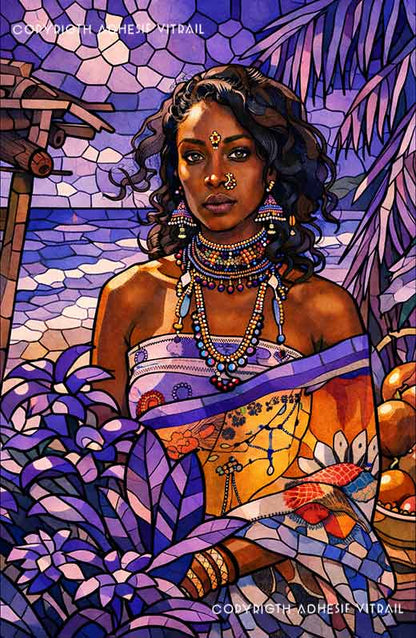 Portrait féminin artistique en vitrail dans un décor tropical aux tons violets