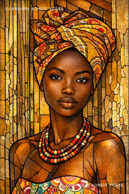 Portrait de femme en vitrail artistique aux couleurs chaudes et dorées, ambiance élégante et solaire