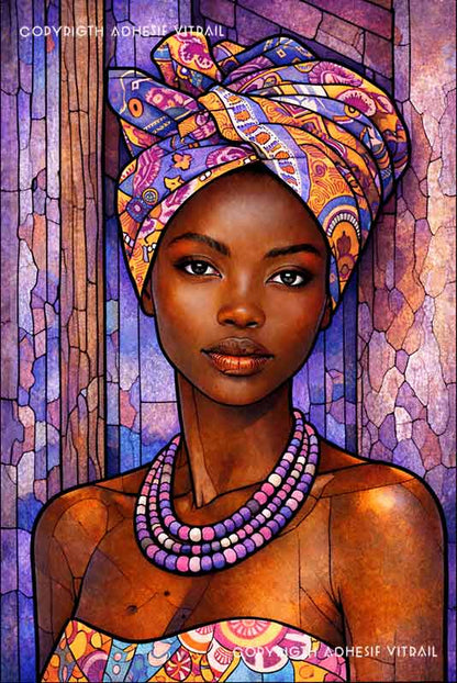 Portrait féminin en vitrail décoratif aux teintes violettes, ambiance douce et raffinée